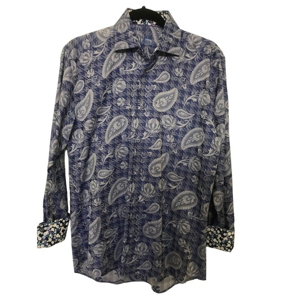 Bertigo Button Shirt Cotton Blue Purple Floral Paisley Flip Cuff Button Up Sz M - Picture 1 of 7